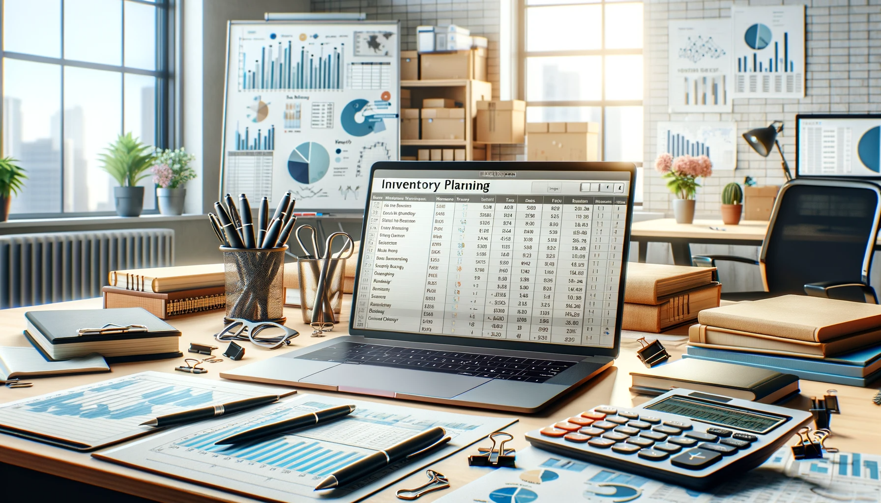 DALL·E 2023-11-15 16.30.16 - A detailed, professional workspace scene for a blog post, featuring an inventory planning spreadsheet open on a laptop. The laptop is on a desk surrou